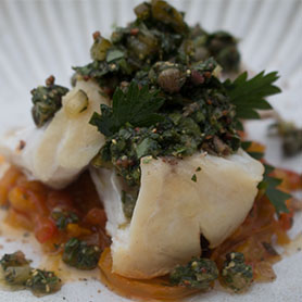 Salt Baked Hake Shoulder with Roast Peppers and Salsa Verde